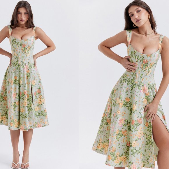 HOUSE OF CB 'Saira' Light Jade Print Midi Sundress NWOT - Picture 2 of 10